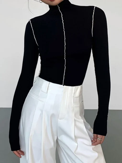 COMMENSE T-shirts|Knitwear^Slinky Turtleneck Contrast Trim Ribbed Knit Shirt Brown