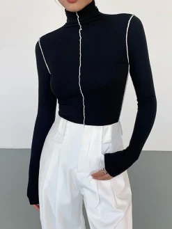 COMMENSE T-shirts|Knitwear^Slinky Turtleneck Contrast Trim Ribbed Knit Shirt Brown