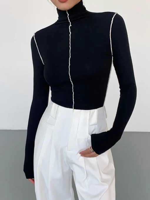 COMMENSE T-shirts|Knitwear^Slinky Turtleneck Contrast Trim Ribbed Knit Shirt Brown