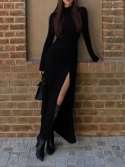 COMMENSE Black Dresses|Casual Dresses^Slit Pleated Long Sleeve Bodycon Mock Neck Long Dress Black