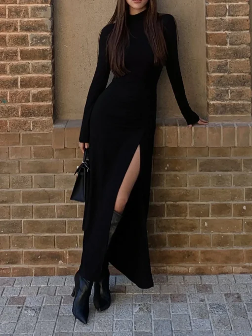 COMMENSE Black Dresses|Casual Dresses^Slit Pleated Long Sleeve Bodycon Mock Neck Long Dress Black