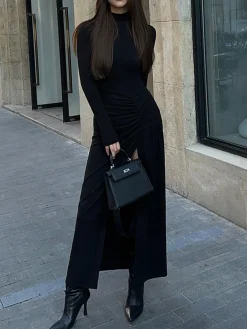 COMMENSE Black Dresses|Casual Dresses^Slit Pleated Long Sleeve Bodycon Mock Neck Long Dress Black