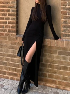 COMMENSE Black Dresses|Casual Dresses^Slit Pleated Long Sleeve Bodycon Mock Neck Long Dress Black