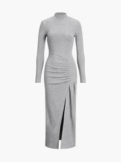 COMMENSE Black Dresses|Casual Dresses^Slit Pleated Long Sleeve Bodycon Mock Neck Long Dress Black