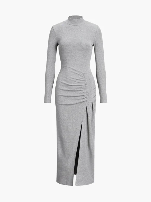 COMMENSE Black Dresses|Casual Dresses^Slit Pleated Long Sleeve Bodycon Mock Neck Long Dress Black
