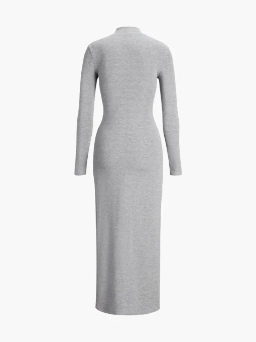 COMMENSE Black Dresses|Casual Dresses^Slit Pleated Long Sleeve Bodycon Mock Neck Long Dress Black