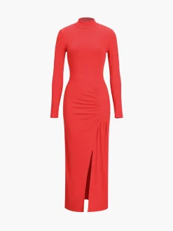COMMENSE Black Dresses|Casual Dresses^Slit Pleated Long Sleeve Bodycon Mock Neck Long Dress Black