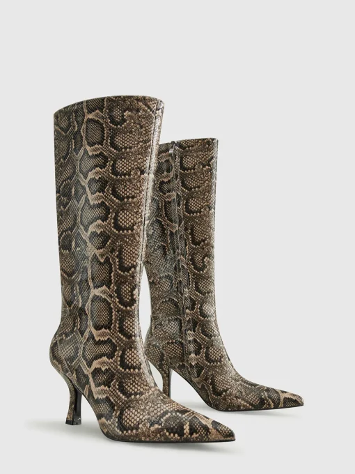 COMMENSE Shoes|Accessories^Snakeskin Print Knee-High Boots LightBrown