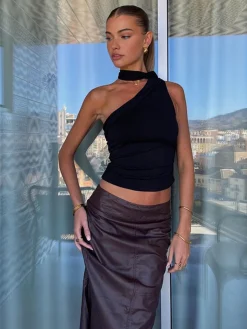 COMMENSE Tank Tops & Camis|Tops^Solid Asymmetrical Neck Tank Top Black
