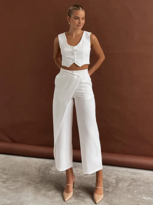 COMMENSE Pants Sets|Matching Sets^Solid  Asymmetrical Straight Leg Pants Set White