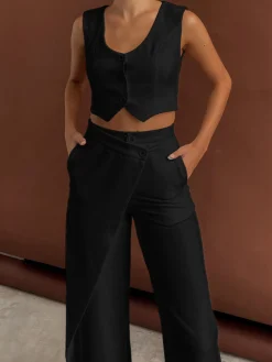COMMENSE Pants Sets|Matching Sets^Solid  Asymmetrical Straight Leg Pants Set White