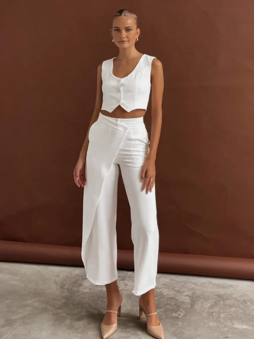 COMMENSE Pants Sets|Matching Sets^Solid  Asymmetrical Straight Leg Pants Set White