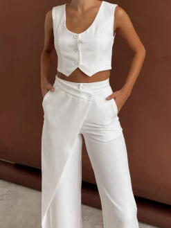 COMMENSE Pants Sets|Matching Sets^Solid  Asymmetrical Straight Leg Pants Set White