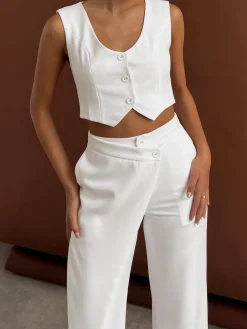 COMMENSE Pants Sets|Matching Sets^Solid  Asymmetrical Straight Leg Pants Set White