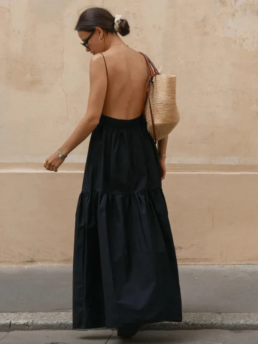 COMMENSE White Dresses|Black Dresses^Solid Backless Long Dress Black