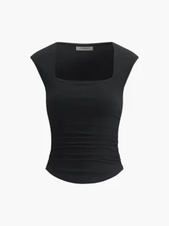 COMMENSE Tank Tops & Camis|Tops^Solid Basic Cap Sleeve Top Black