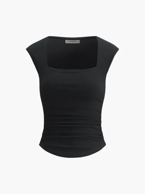 COMMENSE Tank Tops & Camis|Tops^Solid Basic Cap Sleeve Top Black