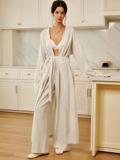 COMMENSE Long Sleeve Sets|Blouses & Shirts^Solid Belted Draped Maxi Long Shirt Off-White