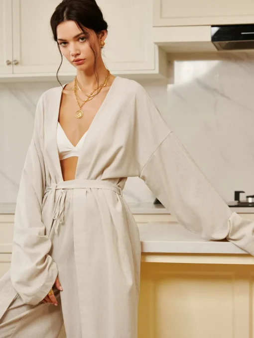 COMMENSE Long Sleeve Sets|Blouses & Shirts^Solid Belted Draped Maxi Long Shirt Off-White