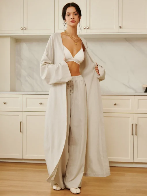 COMMENSE Long Sleeve Sets|Blouses & Shirts^Solid Belted Draped Maxi Long Shirt Off-White
