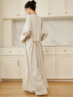 COMMENSE Long Sleeve Sets|Blouses & Shirts^Solid Belted Draped Maxi Long Shirt Off-White