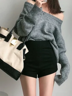 COMMENSE Shorts|Bottoms^Solid High Waist Zip Shorts Black