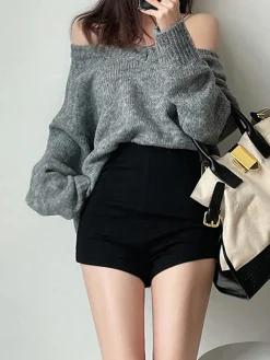COMMENSE Shorts|Bottoms^Solid High Waist Zip Shorts Black