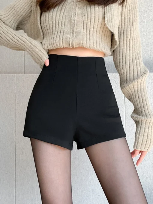 COMMENSE Shorts|Bottoms^Solid High Waist Zip Shorts Black