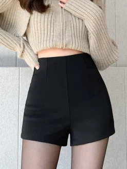 COMMENSE Shorts|Bottoms^Solid High Waist Zip Shorts Black