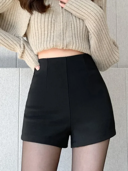 COMMENSE Shorts|Bottoms^Solid High Waist Zip Shorts Black