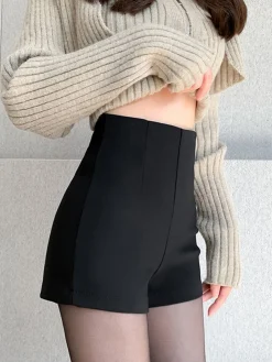 COMMENSE Shorts|Bottoms^Solid High Waist Zip Shorts Black