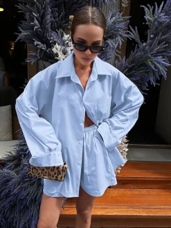 COMMENSE Shorts Sets|Shorts^Solid Lapel Pocket Loose Shorts Set Blue