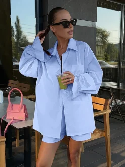 COMMENSE Shorts Sets|Shorts^Solid Lapel Pocket Loose Shorts Set Blue