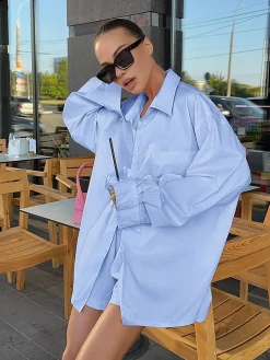 COMMENSE Shorts Sets|Shorts^Solid Lapel Pocket Loose Shorts Set Blue