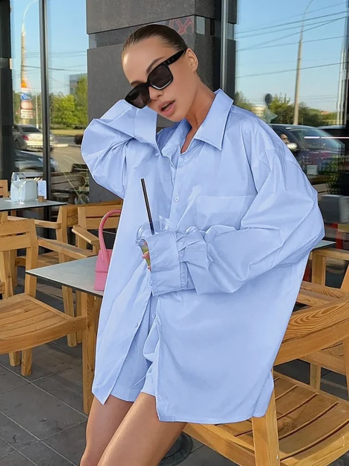 COMMENSE Shorts Sets|Shorts^Solid Lapel Pocket Loose Shorts Set Blue