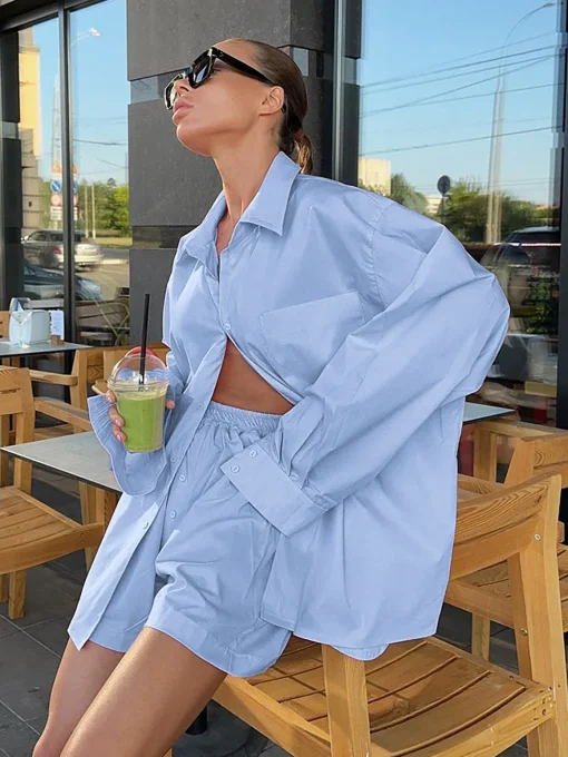 COMMENSE Shorts Sets|Shorts^Solid Lapel Pocket Loose Shorts Set Blue