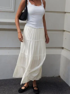 COMMENSE Skirts|Bottoms^Solid Layered Long Skirt Off-White