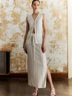 COMMENSE Skirt Sets|Long Sleeve Sets^Solid Split Front Tie Skirt Set Off-White