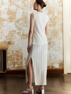 COMMENSE Skirt Sets|Long Sleeve Sets^Solid Split Front Tie Skirt Set Off-White
