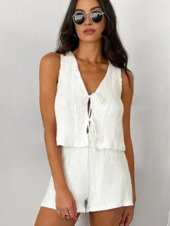 COMMENSE Shorts Sets|Shorts^Solid Tie Front Vest With Shorts Set White