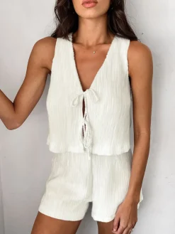 COMMENSE Shorts Sets|Shorts^Solid Tie Front Vest With Shorts Set White