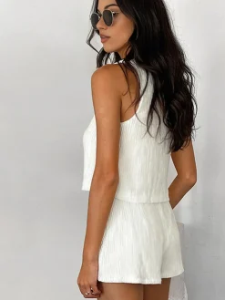 COMMENSE Shorts Sets|Shorts^Solid Tie Front Vest With Shorts Set White