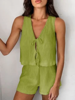 COMMENSE Shorts Sets|Shorts^Solid Tie Front Vest With Shorts Set White