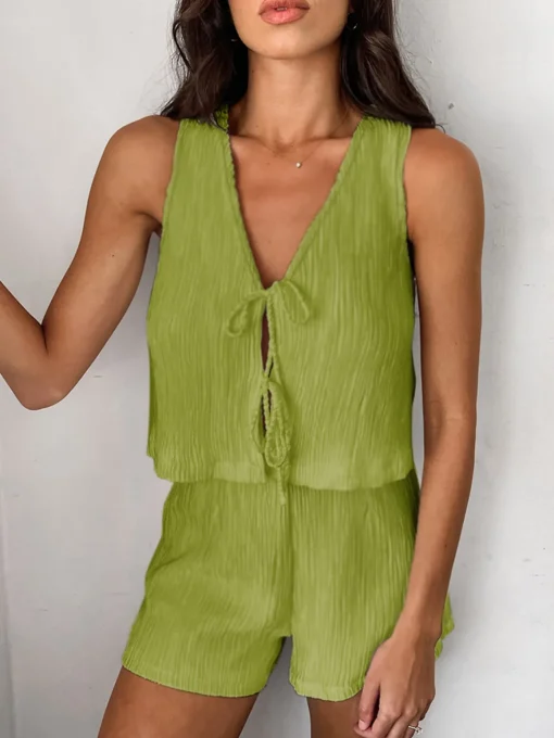 COMMENSE Shorts Sets|Shorts^Solid Tie Front Vest With Shorts Set White
