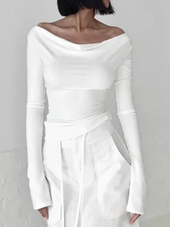 COMMENSE T-shirts|Tops^Solid Tied Open Back Long Sleeve Slinky Top White