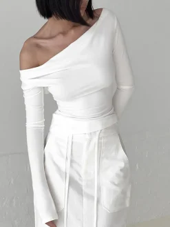 COMMENSE T-shirts|Tops^Solid Tied Open Back Long Sleeve Slinky Top White
