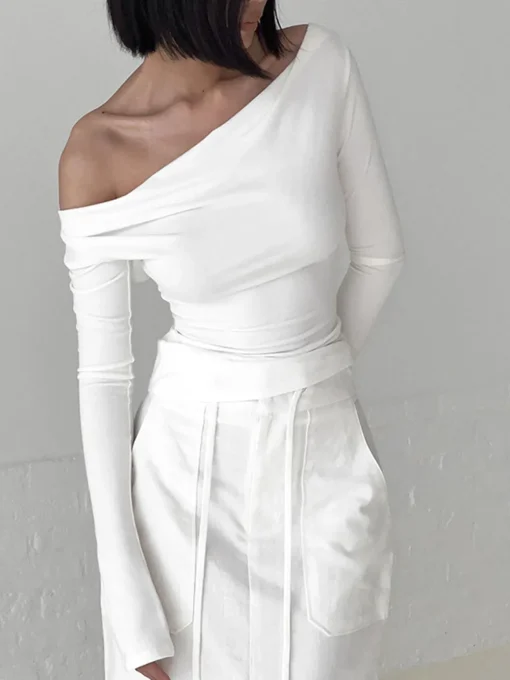 COMMENSE T-shirts|Tops^Solid Tied Open Back Long Sleeve Slinky Top White