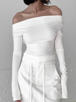 COMMENSE T-shirts|Tops^Solid Tied Open Back Long Sleeve Slinky Top White