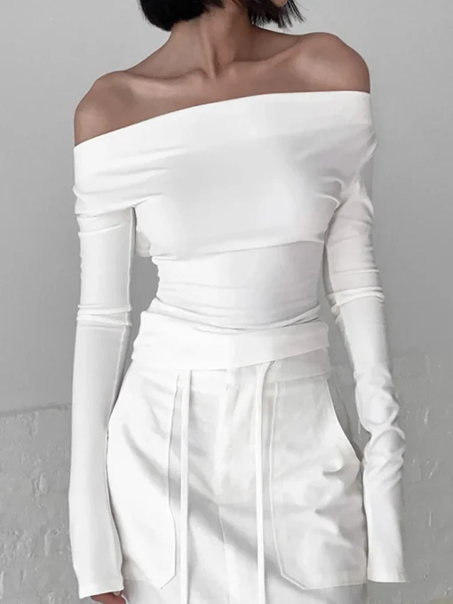 COMMENSE T-shirts|Tops^Solid Tied Open Back Long Sleeve Slinky Top White