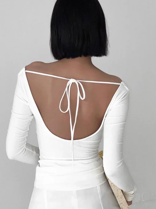 COMMENSE T-shirts|Tops^Solid Tied Open Back Long Sleeve Slinky Top White